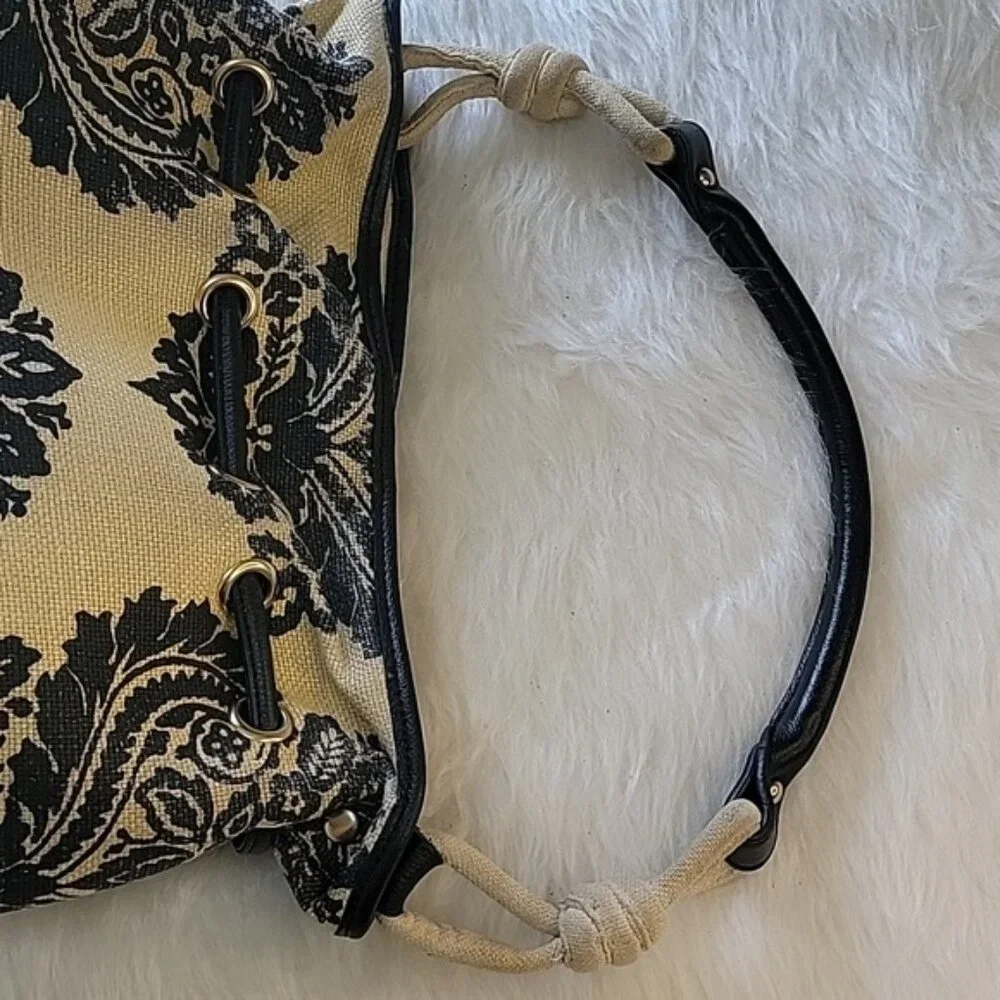 SPARTINA 449 Black Tan Linen Damask Print Single‎ Handle Drawstring Bucket Bag